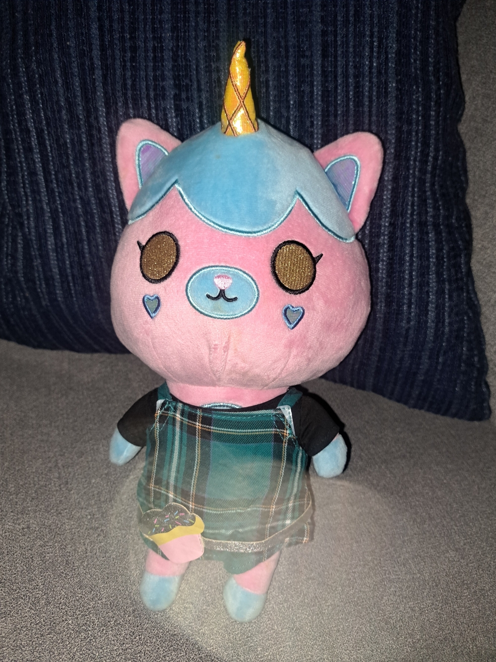 Krew District Pink & Blue Unicorn Cat Plush with Plaid Outfit